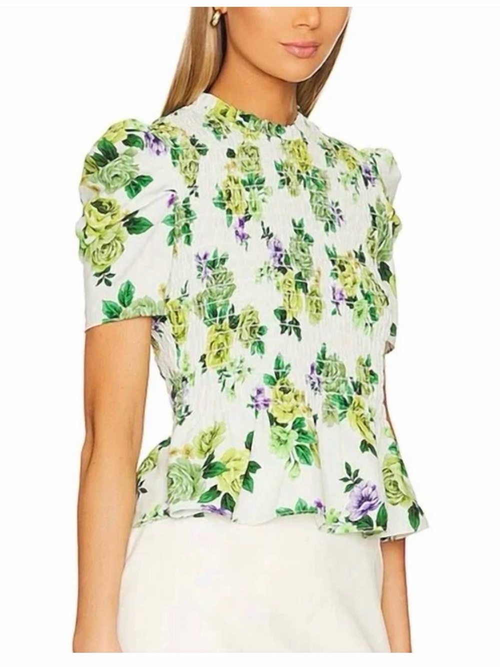Amanda Uprichard White Floral Smocked Peplum Top sorrenti top in green floral